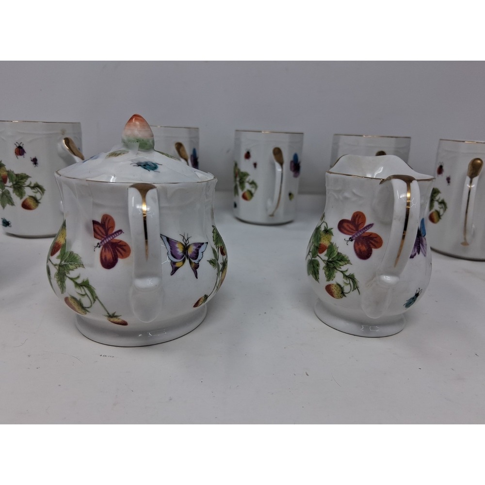 Set Ardalt Japan Cream&Covered Sugar set with 7cups Buttcmerflies&Strawberries A - Picture 3 of 16
